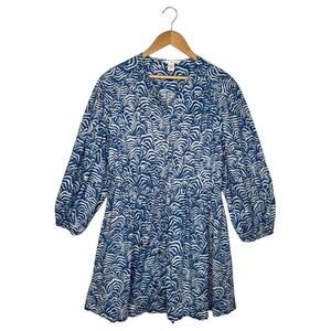H And M Dress Womens M Linen Blue White V Neck Long Sleeve Geometric Full Button